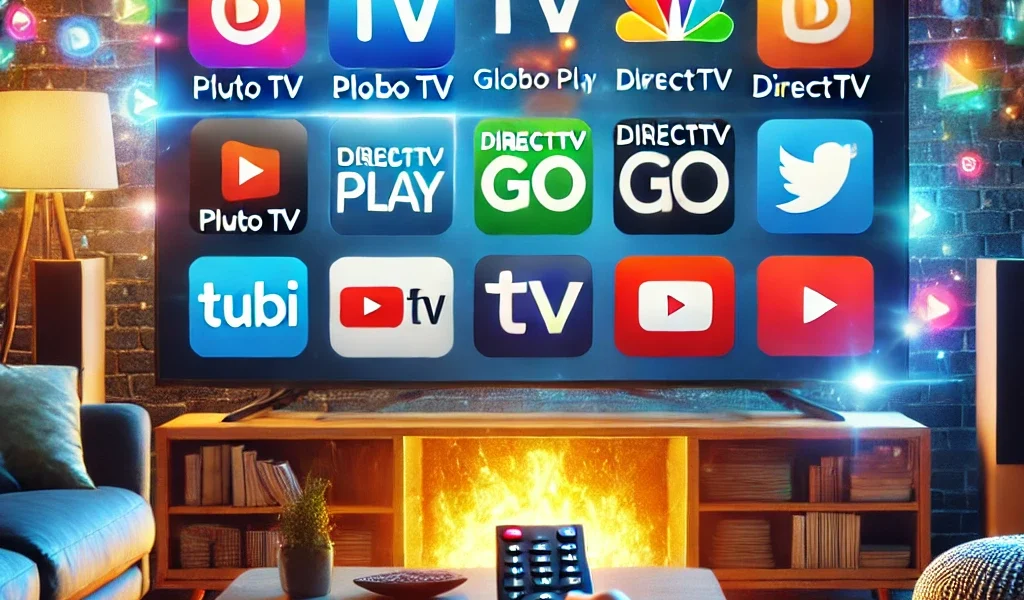 An engaging digital illustration representing popular TV streaming apps_ Pluto TV, Globo Play, DirectTV Go, Tubi TV, and YouTube TV. The image feature