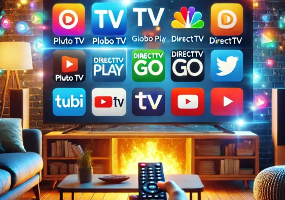 An engaging digital illustration representing popular TV streaming apps_ Pluto TV, Globo Play, DirectTV Go, Tubi TV, and YouTube TV. The image feature